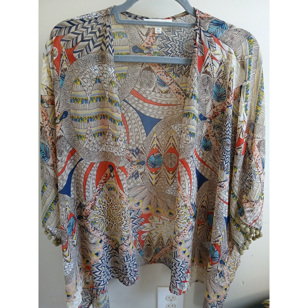 Umgee USA M/L Boho Kimono Cardigan Abstract Festival Print Pom Pom Trim